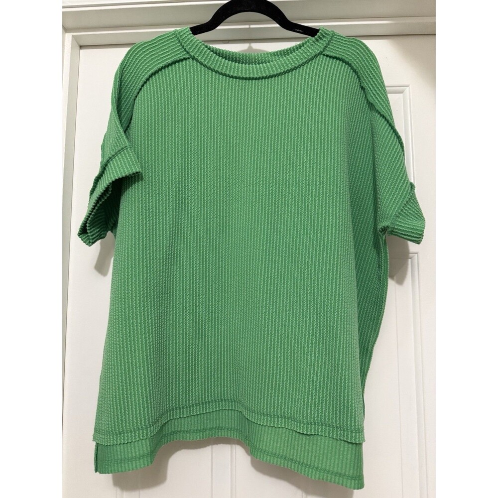 Zenana Waffle Exposed-Seam Short Sleeve Top Size S/M Casual Relaxed
